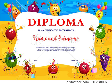Kids diploma, cartoon tropical fruits on holiday beach party, vector education certificate. Funny fig, grape and feijoa with mango and pitaya at party celebration on sea beach for kindergarten diploma Kids diploma, cartoon tropical fruits on holiday beach party, vector education certificate. Funny fig, grape and feijoa with mango and pitaya at party celebration on sea beach for kindergarten diploma 108380975
