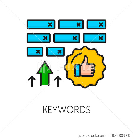 Keywords. SEM. Search engine marketing. Web search engine technology, marketing campaign or social media ads service icon, SEO performance outline vector sign, SEM analytics color linear pictogram Keywords. SEM. Search engine marketing. Web search engine technology, marketing campaign or social media ads service icon, SEO performance outline vector sign, SEM analytics color linear pictogram 108380978