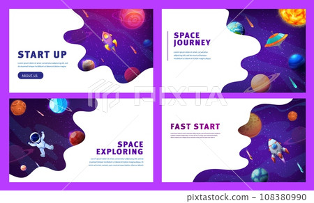 Landing page space. Cartoon galaxy space planets landscape vector background for business startup website. Rocket launching to fantasy universe, astronaut, spaceship, UFO on starry sky web pages set 108380990