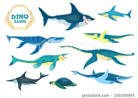 Cartoon aquatic dinosaurs cute characters. Megalodon Ophthalmosaurus, Liopleurodon, Kronosaurus and Tylosaurus, Plesiosaurus, Ichthyosaur and Archelon, Elasmosaurus marine dinosaur vector personages Cartoon aquatic dinosaurs cute characters. Megalodon Ophthalmosaurus, Liopleurodon, Kronosaurus and Tylosaurus, Plesiosaurus, Ichthyosaur and Archelon, Elasmosaurus marine dinosaur vector personages 108380995