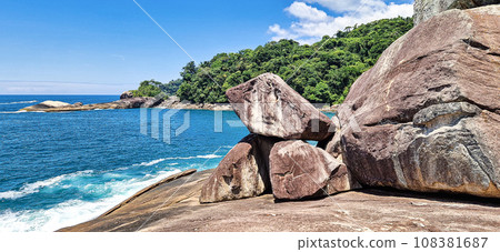 Beach Caxadaco with stones and transparent sea at island Ilha Grande, Rio de Janeiro, Brazil Beach Caxadaco with stones and transparent sea at island Ilha Grande, Rio de Janeiro, Brazil 108381687
