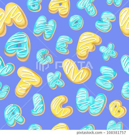 Seamless pattern with letters donuts in realistic style on the blue background, 3d. Design for packaging, textures, prints, fabrics. Vector illustration. Cake and cookies isolated glazed dessert 108381757