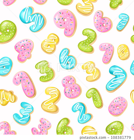 Seamless pattern with digits and numbers donuts in realistic style on the white background, 3d. Design for packaging, textures, prints, fabrics. Vector illustration. Cake and cookies glazed dessert 108381779