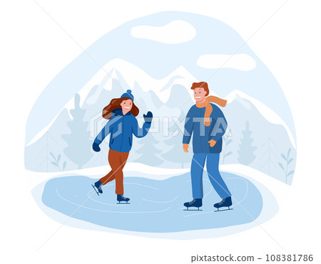 Girl and boy skating outdoors, forest and mountains on background, winter sports concept, vector 108381786