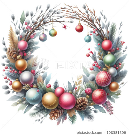 Watercolor Christmas wreath with willow branches and balls. 108381806