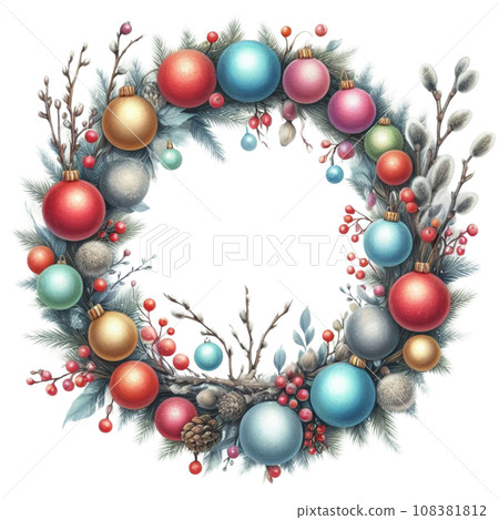 Watercolor Christmas wreath with willow branches and balls. 108381812