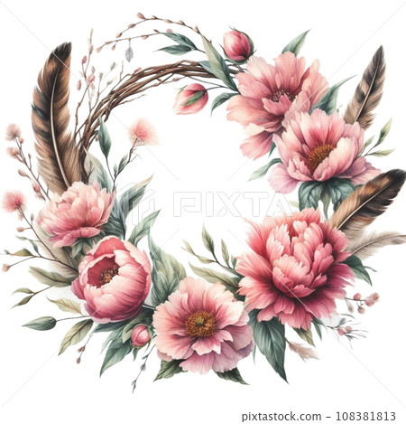 Beautiful watercolor floral wreath with pink flowers and feathers. 108381813