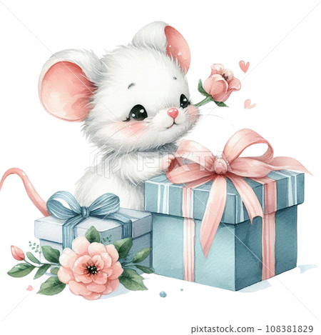 Watercolor Cute cartoon mouse with gift box. 108381829