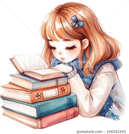 Watercolor Beautiful young woman reading a book. Watercolor Beautiful young woman reading a book. 108381845