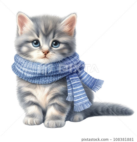 Watercolor Cute kitten in a scarf and hat on a white background. Watercolor Cute kitten in a scarf and hat on a white background. 108381881