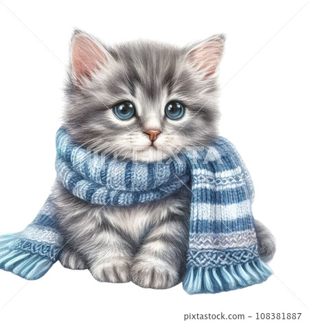 Watercolor Cute kitten in a scarf and hat on a white background. Watercolor Cute kitten in a scarf and hat on a white background. 108381887