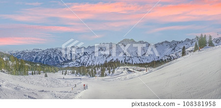 Panoramic image of a ski slope in Ifen ski resort in Kleinwalsertal valley in Austria 108381958