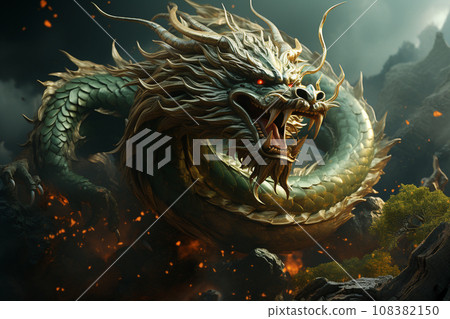Traditional Asian green dragon close up, green background. 2024 Chinese New Year zodiac sign. AI Generative 108382150