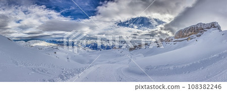 Panoramic image of a ski slope in Ifen ski resort in Kleinwalsertal valley in Austria 108382246