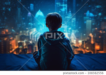 Computer child man blogger. Female space. Generate Ai 108382556