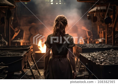 Blacksmith woman flame forge. Craft workshop. Generate Ai 108382565