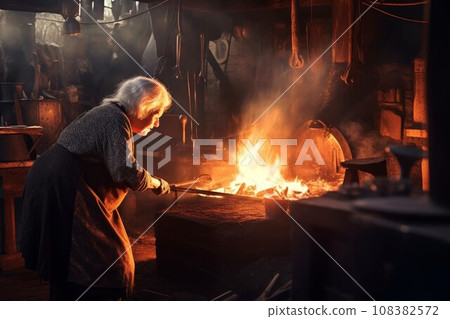 Blacksmith old woman forge. Worker flame. Generate Ai 108382572