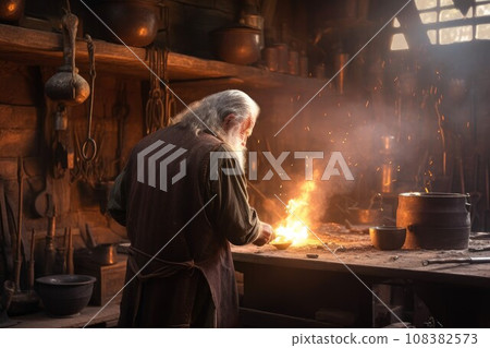 Blacksmith old man work forge. Worker flame. Generate Ai 108382573