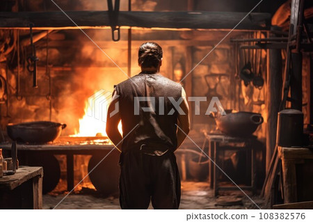 Blacksmith man fire work forge. Molten worker. Generate Ai 108382576