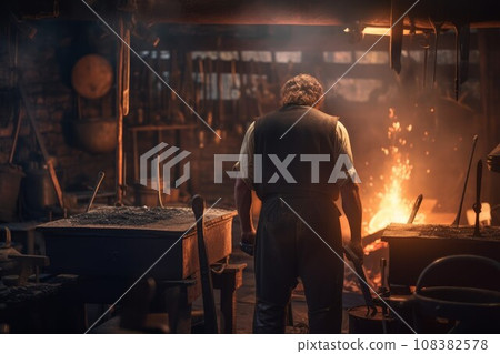 Blacksmith man forge. Industry flame working. Generate Ai 108382578