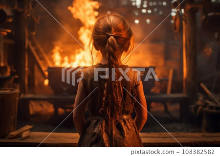 Blacksmith child girl forge. Worker flame. Generate Ai 108382582