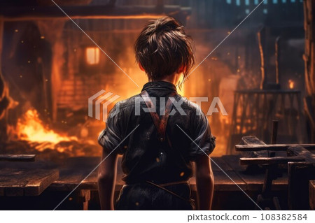 Blacksmith child fire work forge. Molten worker. Generate Ai 108382584