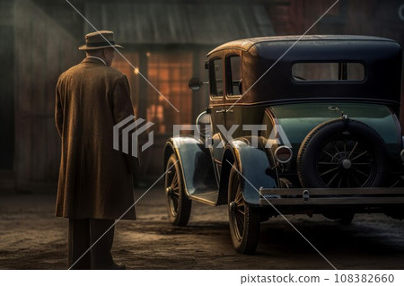American man near vintage car. Old time. Generate Ai American man near vintage car. Old time. Generate Ai 108382660