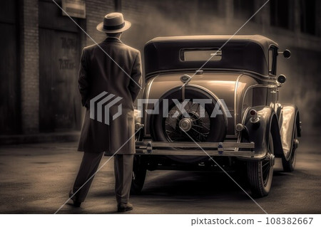 American retro car with gang man. Blurred old photo. Generate Ai American retro car with gang man. Blurred old photo. Generate Ai 108382667