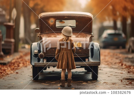 American child girl. Near 1920 year american car. Generate Ai American child girl. Near 1920 year american car. Generate Ai 108382676
