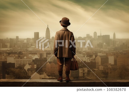American child boy. 1920 year city. Generate AI 108382678