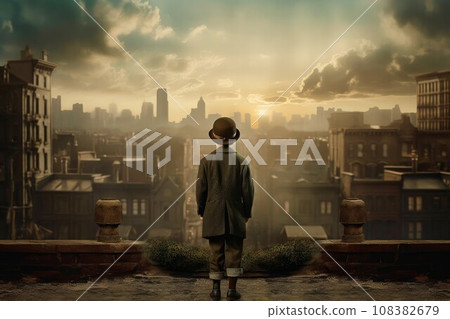 American child boy at 1920 year city. Street retro. Generate Ai American child boy at 1920 year city. Street retro. Generate Ai 108382679