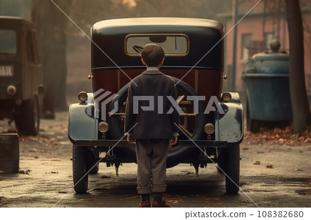 American boy waiting car. Auto luxury 1920 year. Generate Ai 108382680