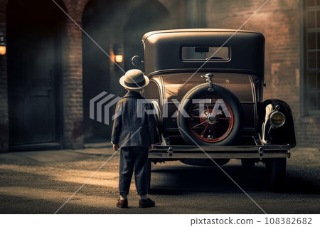 American boy near 1920 car. Historical drive. Generate Ai American boy near 1920 car. Historical drive. Generate Ai 108382682