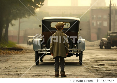 American 1920 child boy. Old american car. Generate AI American 1920 child boy. Old american car. Generate AI 108382687