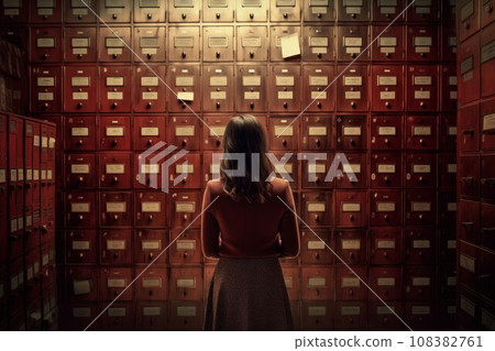 Archivist woman in red cabinets. Filing history. Generate Ai Archivist woman in red cabinets. Filing history. Generate Ai 108382761