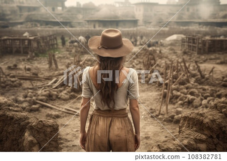 Cute archaeologist woman. Ruins ancient dig. Generate AI 108382781