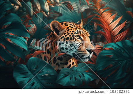 Tropical art leopard animal. Asia nature cat. Generate Ai Tropical art leopard animal. Asia nature cat. Generate Ai 108382821