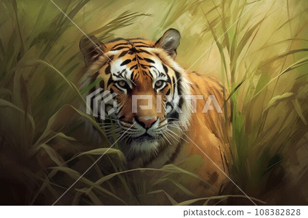 Tiger head closeup grass. Fur feline. Generate Ai 108382828
