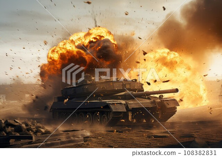 War tank explosion fire. Smoke power. Generate Ai 108382831