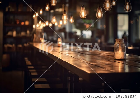 Wood table restaurant. Counter empty. Generate Ai 108382834