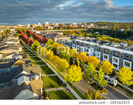 spokane kendall yards autumn aerial view downtown 108382835