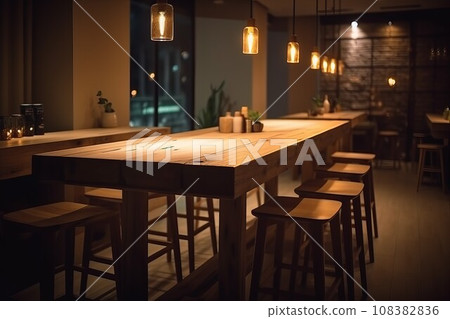 Wood table restaurant light. Display interior. Generate Ai 108382836