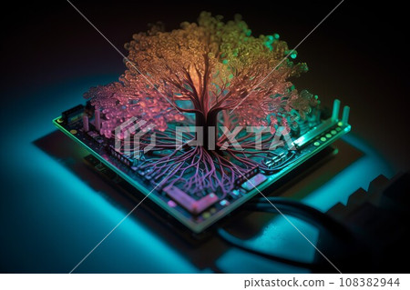 Neon tree computer chip web. Modern plate. Generate Ai 108382944
