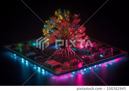 Neon tree computer chip. Digital design. Generate Ai 108382945