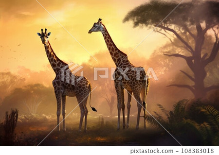 Giraffe savannah sunset. Sky park. Generate Ai 108383018