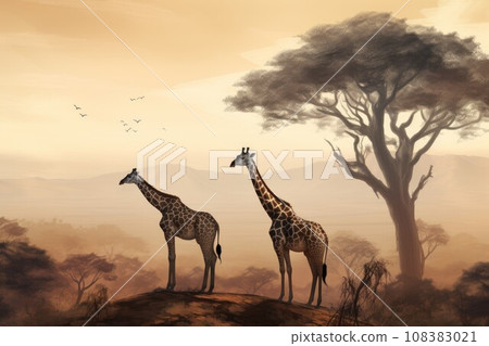 Giraffe savannah. Wildlife travel african. Generate Ai 108383021