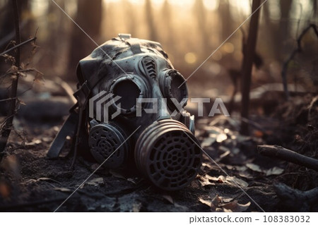 Gas mask old forest. Glass crack. Generate Ai Gas mask old forest. Glass crack. Generate Ai 108383032
