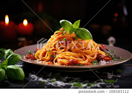 Italian pasta. Spaghetti bolognese on dark background. Generative AI 108383112
