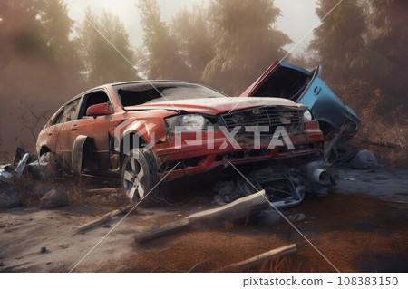 Crashed abandoned car. Wreck garbage. Generate Ai Crashed abandoned car. Wreck garbage. Generate Ai 108383150