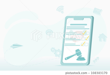 Online business and contract concept. Agreement, checklist, handshake, strategy plan, tactical management, cooperation, employment and labour. Flat vector design illustration with copy space. Online business and contract concept. Agreement, checklist, handshake, strategy plan, tactical management, cooperation, employment and labour. Flat vector design illustration with copy space. 108383170